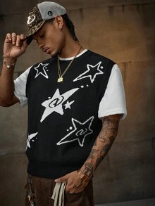 AXEPEAK سترة صوفية بنمط نجمة خماسية للرجال، للخريف والشتاء - الأسود - مشاهدة 1