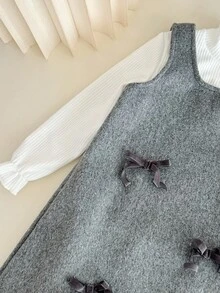 Genkimix Kids 两件套：女童可爱白色针织T恤搭配天鹅绒蝴蝶结灰色A字连衣裙，韩版秋冬装 - 彩色 - 查看 6