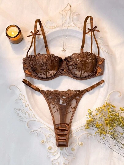 2pcs/Set Romantic Floral Embroidery Sexy Lingerie Set For Women Hollow Out Lingerie Butterfly Lingerie Set Underwire Lingerie Set Brown Lingerie Brown Lace Bra