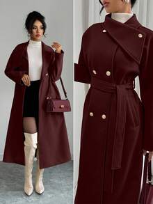 Elenzga Women's Solid Color Minimalist Daily Wear Button Decor Long Sleeve Overcoat - Burgundy - View 1