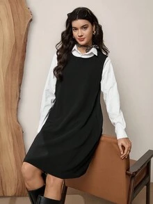 SHEIN LUNE Plus Size Spring Summer Autumn And Winter Seasons Sleeveless Texture Classic Simple Comfortable Casual Relaxed Old Money Style Vest Style Women's Dress Vacation Outfits Woman,Modest Dresses For Women,Airport Outfit For Women,Boho Dress Women,Resort Wear Women,Club Dress,Tropical Dress,Spring/Summer