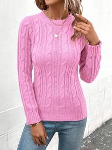 EMERY ROSE Women's Casual Cable Pattern Crew Neck Long Sleeve Sweater, Autumn/Winter - Baby Pink - View 5