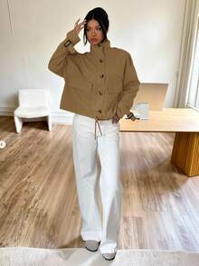 SHEIN EZwear Áo khoác trench coat ngắn giản dị, thời trang rộng rãi, đa năng, có khóa kéo, màu nâu, quần áo thu đông dành cho nữ - Màu Khaki - Xem 6