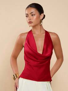 COSMINA Women's Solid Color Halter Backless Draped Sexy Camisole,Red Top - Burgundy - View 2