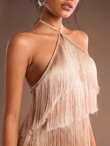 Glamine Women's Solid Color Multi-Layer Fringe Elegant Backless Party Dress, Autumn Women's Wear, Holiday Costume, Halloween Costume, Women's Party Essential, Christmas