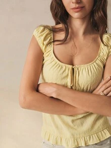 Cévolie 女式纯色方领前系带休闲衬衫 - 黃色 - 查看 7