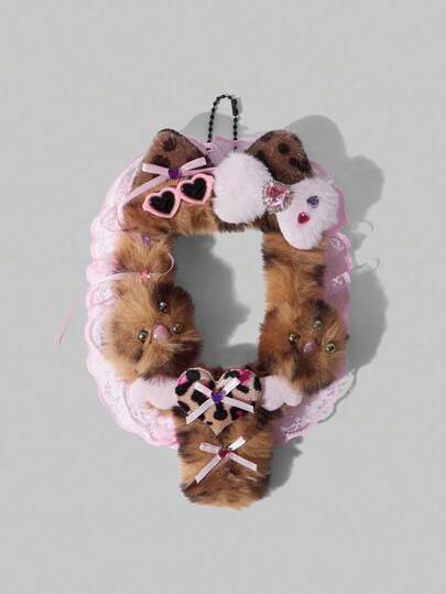 Furry Leopard Print Pink Bow Heart Rhinestone Lace Flower Bag Charm, Casual Fashion Anime Style Multi-Purpose Card Holder (ID Card, Photo, Etc.)