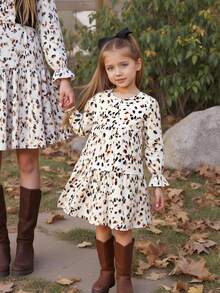 Emery Rose Kids Emery Rose Kids 年轻女孩年轻女孩双胞胎女孩碎花圆领泡泡袖修身休闲蛋糕 A 字连衣裙，秋冬新品，年轻女孩，妈妈和姐妹和我搭配。返校 - 卡其色 - 查看 10