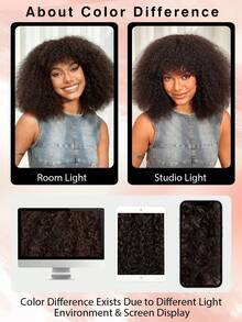 Density Pro 深棕色非洲卷发鲍勃假发，带刘海，真人发质蓬松卷发鲍勃刘海假发，无胶可戴鲍勃假发 - S2 - 查看 6