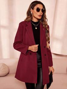 SHEIN Clasi 女式纯色双排扣休闲长袖大衣，秋冬 - 紅色 - 查看 4