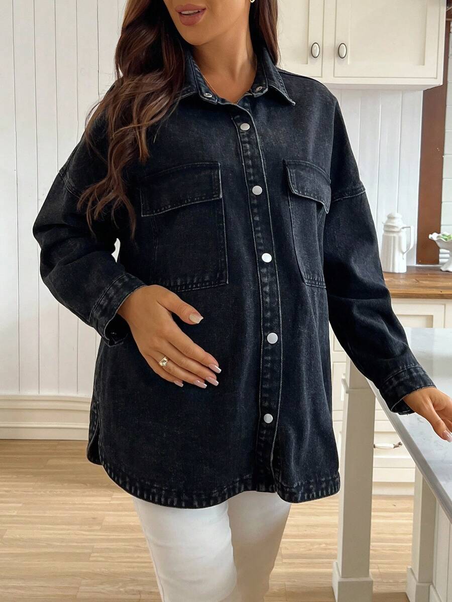 SHEIN Maternity Casual Washed Dropped Shoulder Loose Denim Jacket