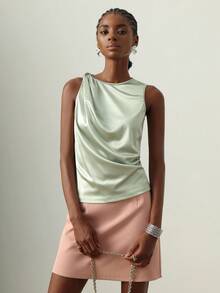 Vesra Camiseta sin mangas de satén elegante con nudo retorcido para mujer