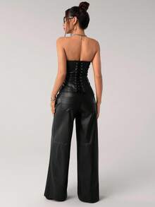 SHEIN ICON 2pcs Women's PU Crop Top And Wide Leg Pants Set, Casual & Sexy Fall Women Clothes Strapless Jumpsuits For Woman Leather Tube Top Tube Top Jumpsuit Leather Romper Black Leather Top - Black - View 2