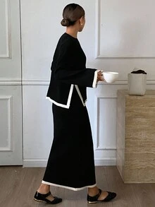 DAZY 女士休闲撞色拼布开衩毛衣和裙子两件套，秋季 - 黑色 - 查看 2