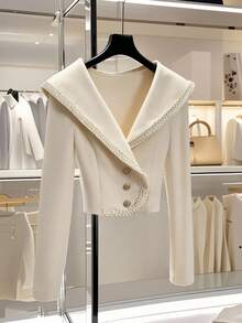 GlowEve Women's Autumn/Winter New High-End Spliced Ribbon Front Button Woolen Coat - Apricot - View 1