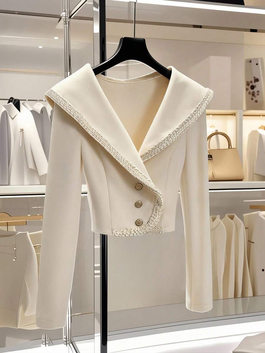 GlowEve Women's Autumn/Winter New High-End Spliced Ribbon Front Button Woolen Coat - Apricot - View 1