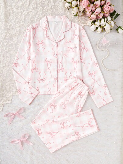 2 Stücke/Set Teenager Mädchen Aprikot Minimalistischer Kirschblüten-Muster Langarm-Top und Hose, lässige und bequeme Loungewear