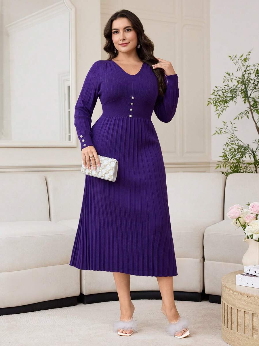Seusyu Plus Size Women's Solid Color V-Neck Long Sleeve Button Design Elegant Knitted Dress, Autumn Purple - Purple - View 1