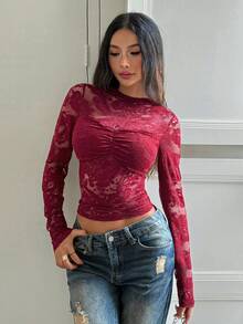 Zielony Almamuse 女士 Y2k 千禧性感可爱优雅假蕾丝嬉皮风透视上衣两件套，时尚百搭，适合所有季节，与校园女生和街头时尚达人风格一致，波西米亚风女装秋冬新年感恩节派对婚礼优雅休闲奢华时尚休闲通勤商务办公日常休闲百搭气质都市教师职业装 - 紅色 - 查看 6