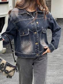 Livesso Jaket Denim Wanita Kasual Longgar Kancing Tunggal dengan Saku, Musim Gugur - Grey - View 7