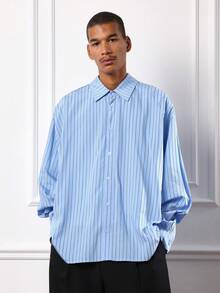 SUMWON 长袖条纹纽扣衬衫商务休闲经典翻领牛津衬衫宽松版型春季必备商务休闲办公室装 - 藍色 - 查看 6