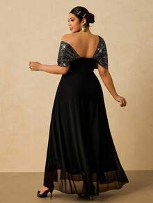 SHEIN VCAY Đầm dài vai lệch vai đính sequin lấp lánh cỡ lớn thanh lịch, thích hợp cho tiệc tùng, năm mới, giáng sinh - màu đen - Xem 2