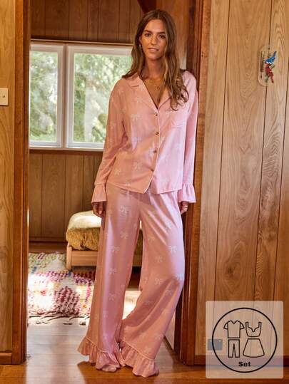 Aralina Sleepwear 2pcs Bow Printed Button Down Long Sleeve Shirt And Wide Leg Pants Matching Set With Ruffle Detail And Contrast Piping, Cute Christmas Pajamas Fall Winter Clothes