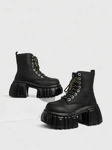 Daringsoles 时尚百搭舒适厚底女靴，增高厚底粗跟修身防滑英伦风系带侧拉链踝靴 - 黑色 - 查看 6