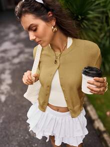 SHEIN BASICS Casual Solid Color Round Neck Long Sleeve Loose Cropped Women Sweater Cardigan Autumn Winter Clothes For Women - Khaki - View 3