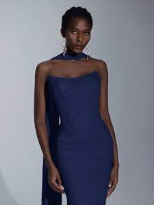 Elitara Elegant Luxurious Light Blue Elastic Mesh Boat Neck Full Ruffle Sequin Bridesmaid Dress