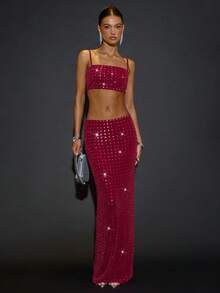 SHEIN BAE Burgunderroter Strass-Kristall glänzender eng anliegender Rock für Frauen, geeignet für Party, Nachtclub, Cocktailparty, Bankett, Nachtausflug, Tanz, Date, Herbst/Winter Layering, Weihnachten Damen, Party, Pailletten Rock, roter Rock