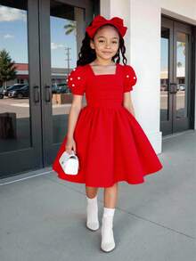 女孩优雅纹理面料方领泡泡袖串珠针织连衣裙，红色，适合正式场合、会议、派对、舞会、休闲装，春夏秋冬新款，适合圣诞派对、聚会 - 紅色 - 查看 3