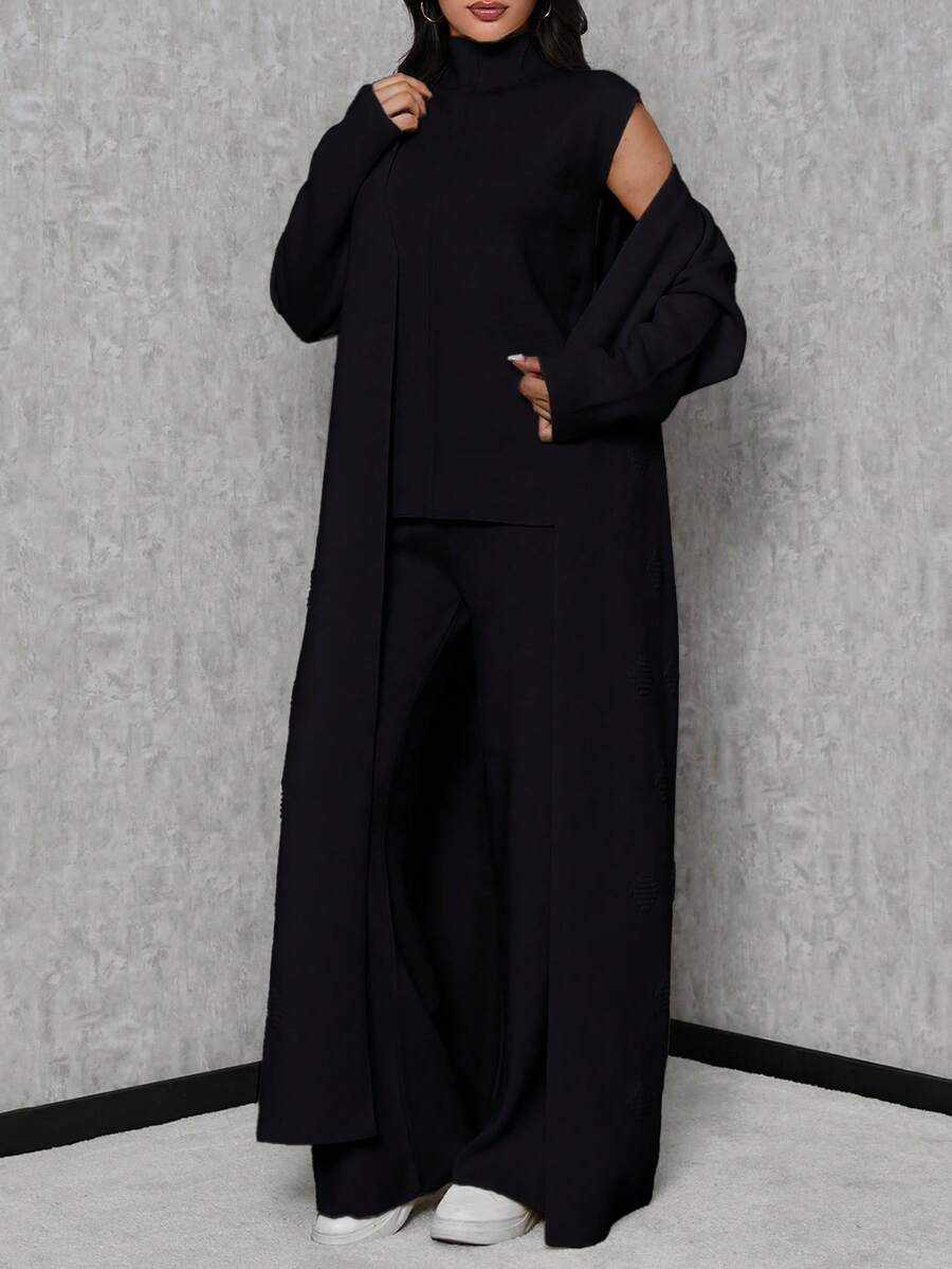 SHEIN Tall 高領針織上衣、針織長褲與開襟衫套裝,適合高個女性 - 黑色 - 查看 1