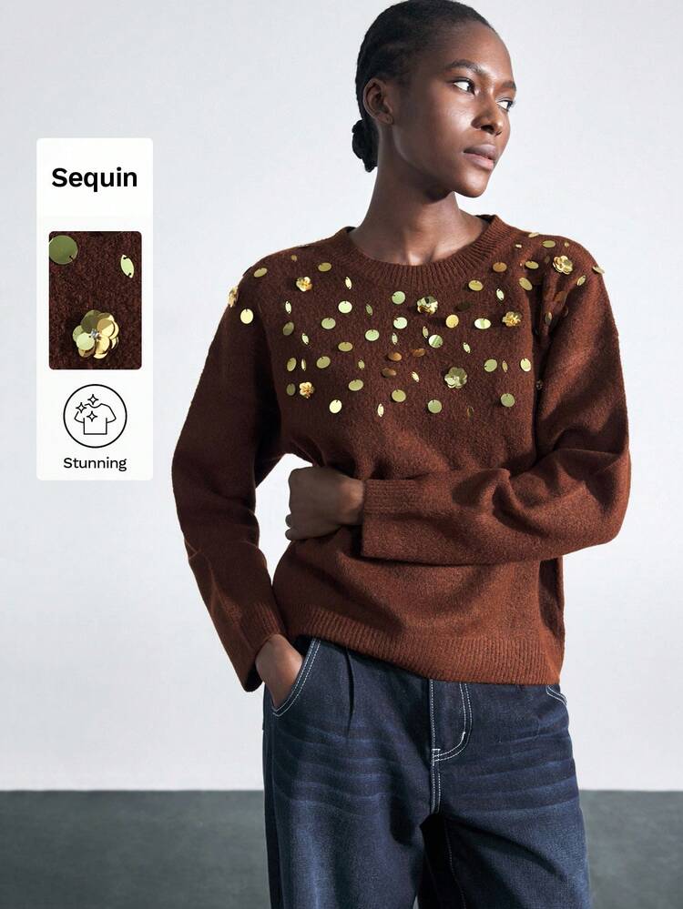 SHEIN Maija 여성 가을 캐주얼 스팽글 장식 라운드넥 긴소매 스웨터, 가을/겨울