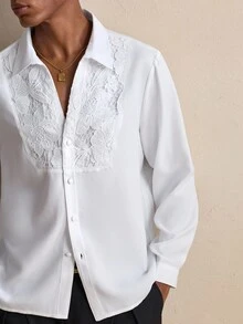 AKNOTIC Business Casual 男士白色水溶花拼布长袖衬衫，秋季 - 白色 - 查看 5