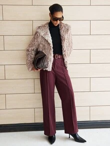 Lumivelle Women's Matte Leather Straight Leg Pants, Suitable For Commuting - Redwood - View 3