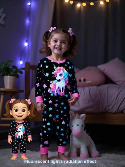 Baby Girl Unicorn Glow-In-The-Dark Print Snug Fit Long Sleeve Top And Long Pants Pajamas Set