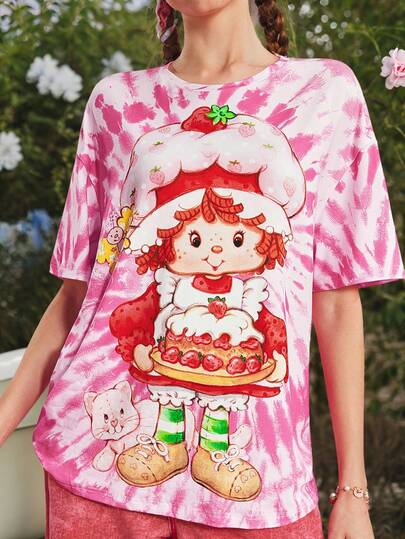 Strawberry Shortcake X SHEIN 大码休闲扎染卡通图案圆领短袖T恤，夏季