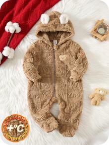 SHEIN 男婴可爱毛绒卡通图案连帽连体衣，秋冬季婴儿休闲拉链连体衣，小熊连帽连体衣，保暖连体衣 - 彩色 - 查看 1