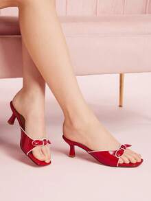 CUCCOO DOLLMOD 女士高跟凉鞋，法式蝴蝶结细高跟鞋，红色 PU 材质优雅凉鞋 - 紅色 - 查看 5