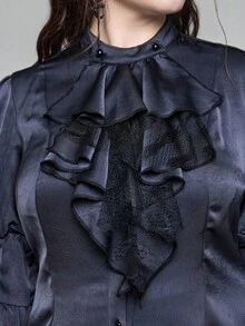 ROMWE EDITION 加大码中世纪复古深色哥特式蕾丝拼布长袖衬衫 - 灰色 - 查看 10