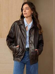 Wildy Chaqueta de cuero tejido de color café para mujeres en otoño/invierno - Marrón - Ver 1