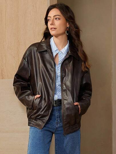 Wildy Coffee Colored Woven Leather Jacket For Women In Fall/Winter