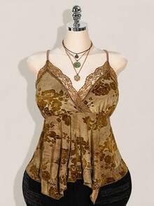 SHEIN ICON Áo hai dây họa tiết ren tương phản Hippie cỡ lớn cho nữ, viền bất đối xứng, thích hợp cho lễ hội, kỳ nghỉ hè, mùa tốt nghiệp, trở lại trường - Màu vàng - Xem 5