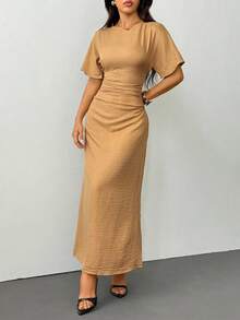 SHEIN PETITE Váy vải lanh pha trộn màu trơn thanh lịch dành cho nữ mùa hè, - Màu Khaki - Xem 7