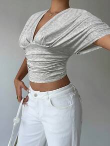 Aloruh Apricot Deep V Ruched Short Sleeve Tight Hem Women T-Shirt - Grey - View 5