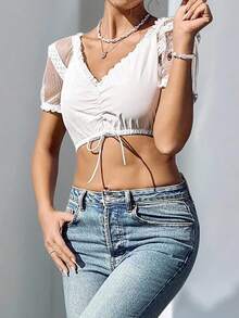 SHEIN LUNE Contrast Lace Trim Asymmetrical Hem Crop Shirt For Women, Milky White, Dirndl - White - View 6