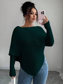 Elenzga 女式不对称蝙蝠袖圆领休闲优雅针织毛衣上衣，适合度假和节日，春秋冬 - 墨綠色 - 查看 5