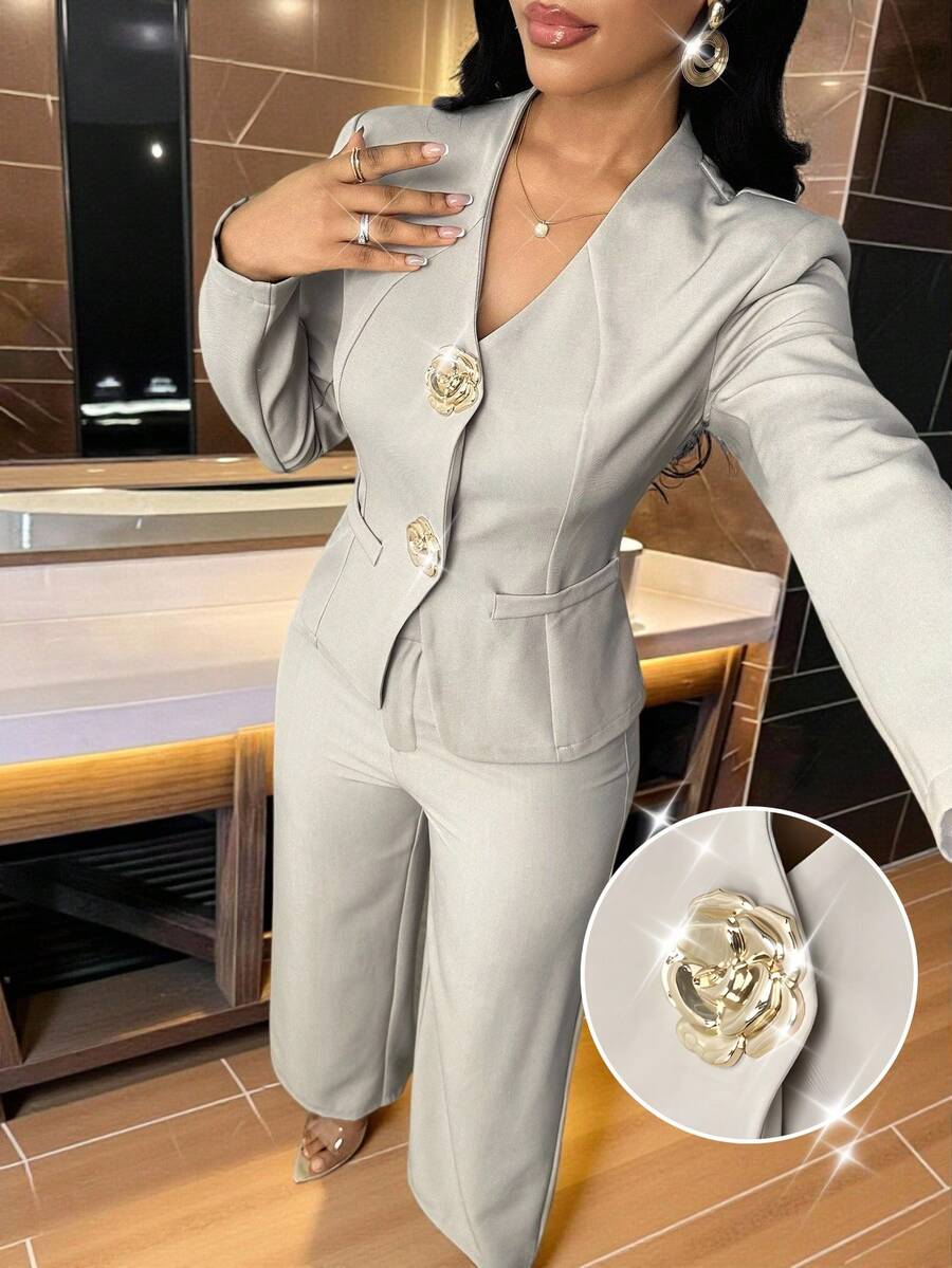 SHEIN Lady Women's Elegant Commuter Metal Trim Buckle V-Neck Fit Jacket And Straight Leg Pants Suit Two Pieces Solid Color Casual Can Be Worn All Seasons Teacher Outfits For Women Business Casual Woman Vacation Outfits Women Office Outfits For Women Lounge Sets For Women Fall Women Clothes Church Outfits Women Airport Outfit For Women Concert Outfits For Women Vacation Two Pieces Set Old Money Style