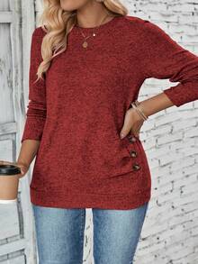 EMERY ROSE Plus Size Casual Round Neck Long Sleeve T-Shirt, Autumn/Winter - Red - View 4
